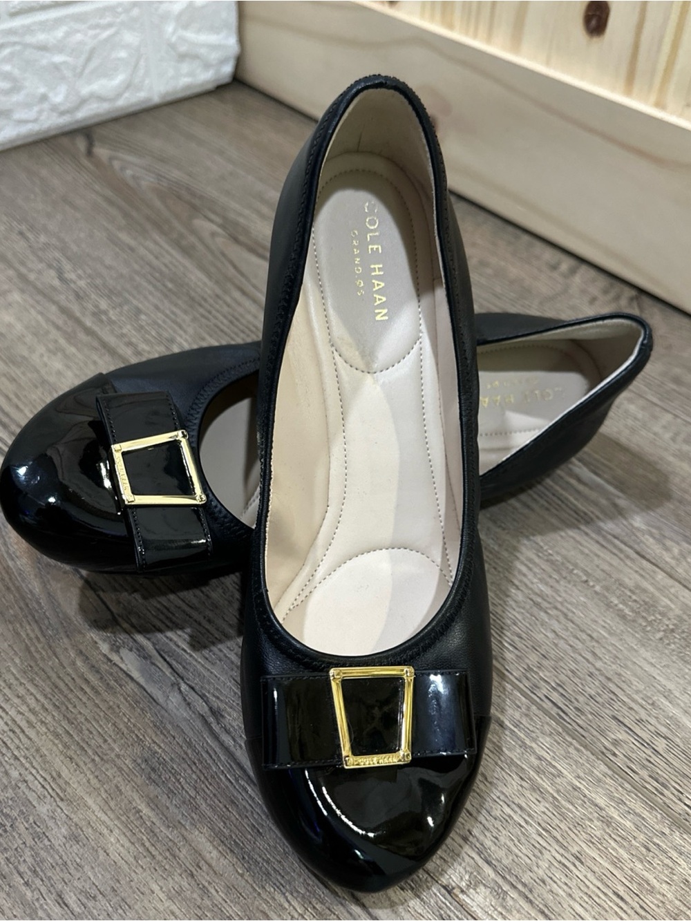 NWT Cole Haan Black Patent Ballet Flats with Gold Buckle Accent